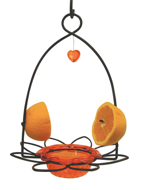 Oriole flower feeder for serving oranges and mealworms