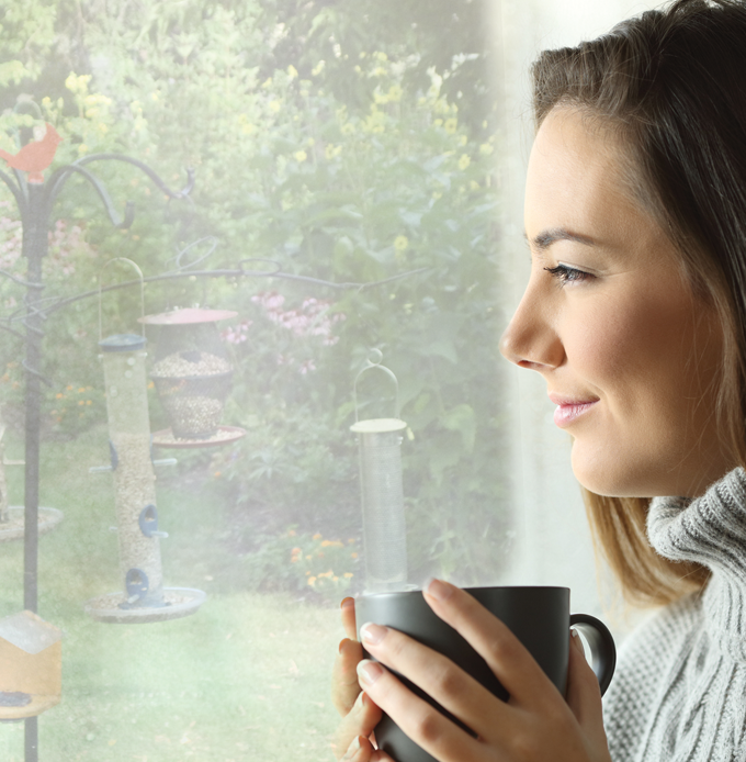 Woman looking out the window at bird feeders